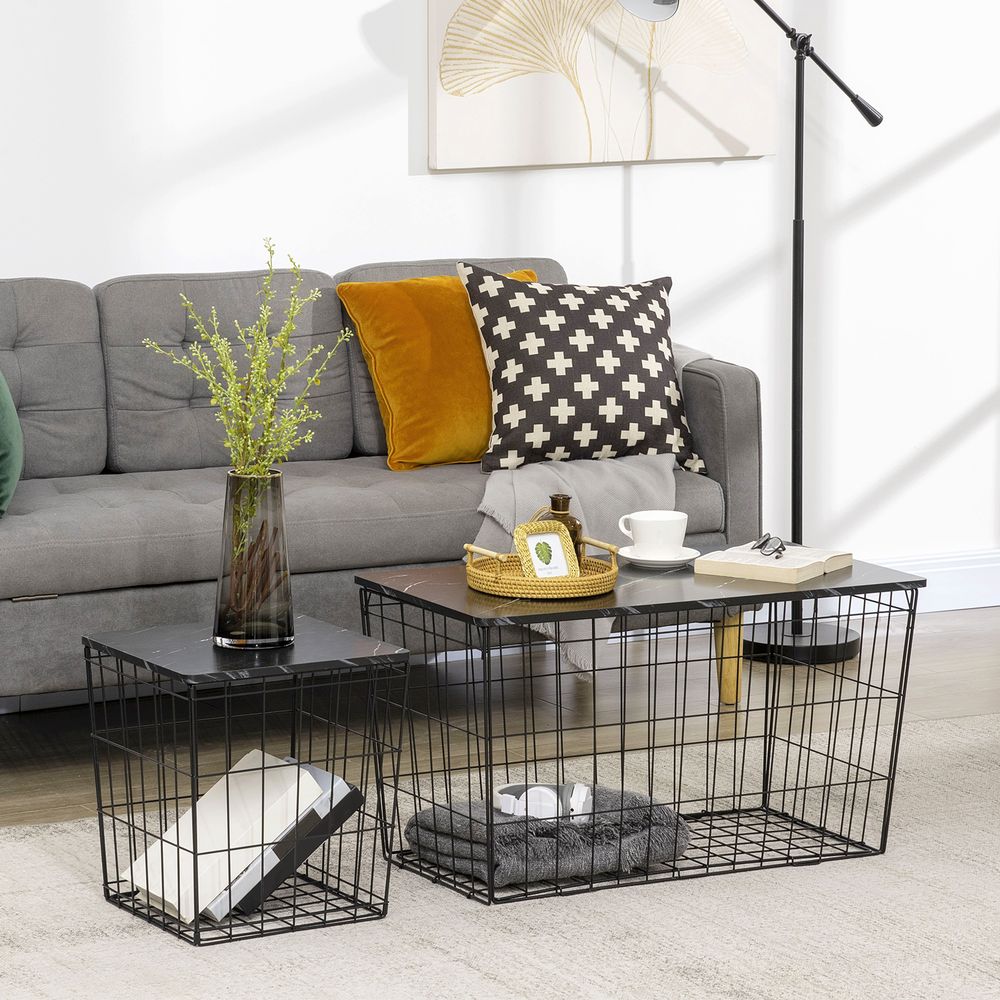 HOMCOM Nest of Tables, Side Tables Set of 2 with Marble Effect board and Wire Metal Frame, Coffee Tables for Living Room, Bedroom, Black