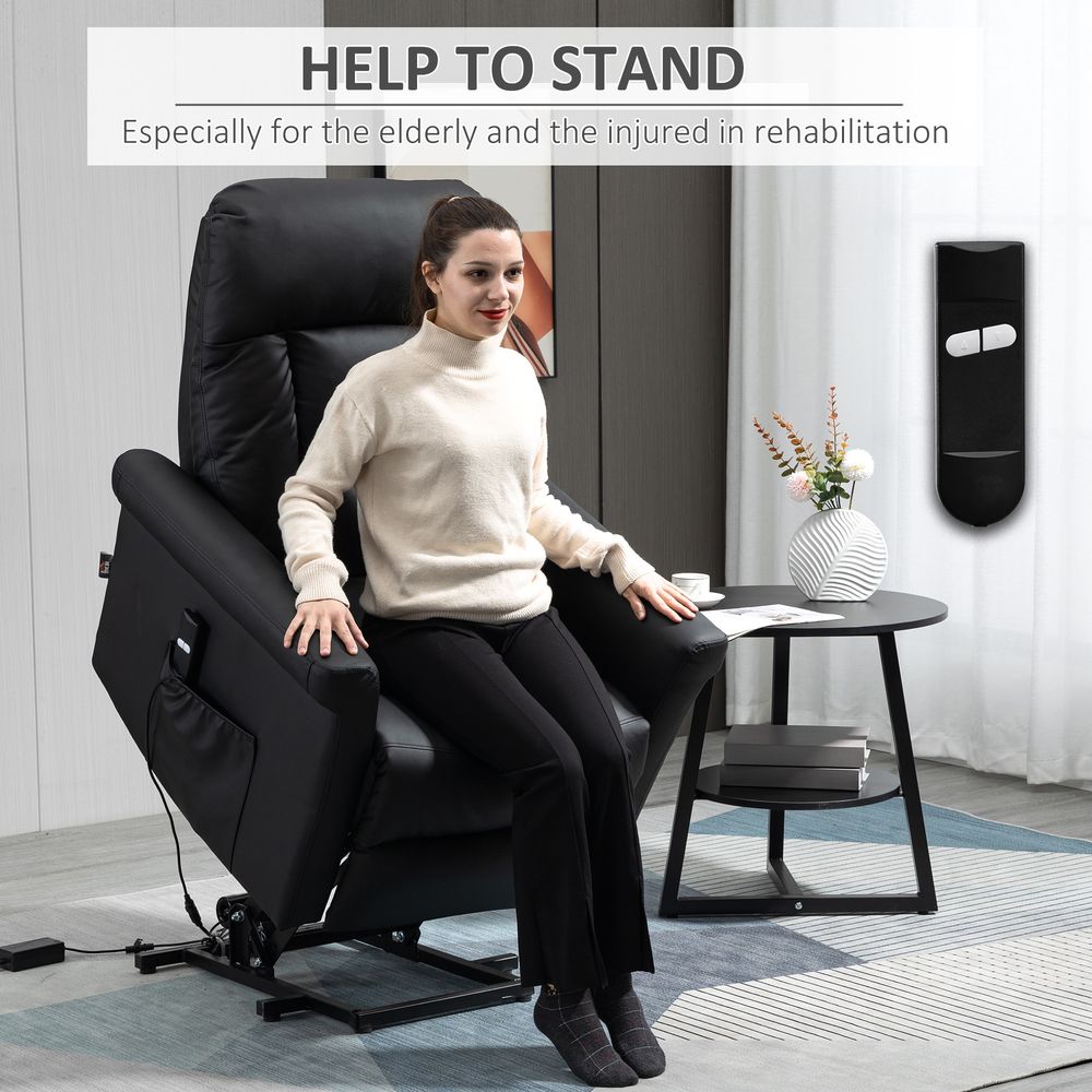 HOMCOM Lift Stand Assistance Chair Recliner Sofa PU Leather Extra Padded Design Electric Power w/Remote Black