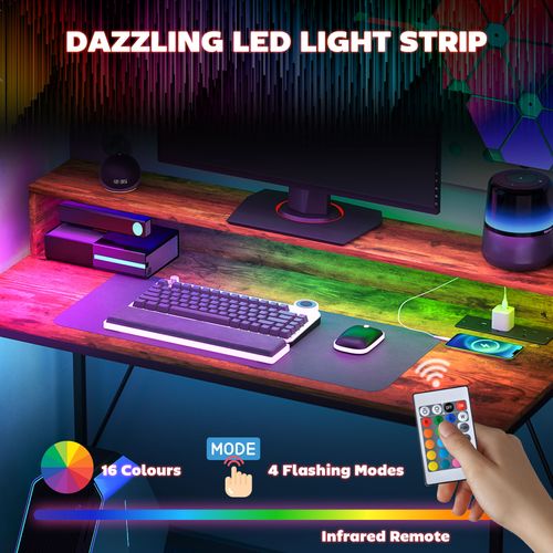 HOMCOM Computer Desk with LED Lights, Study Table with Shelf, Rustic Brown