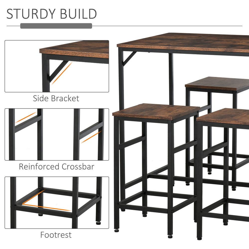MDF Industrial 5-Pc Dining Set: Table & 4 Stools - Black/Brown, Quality & Space-Saving