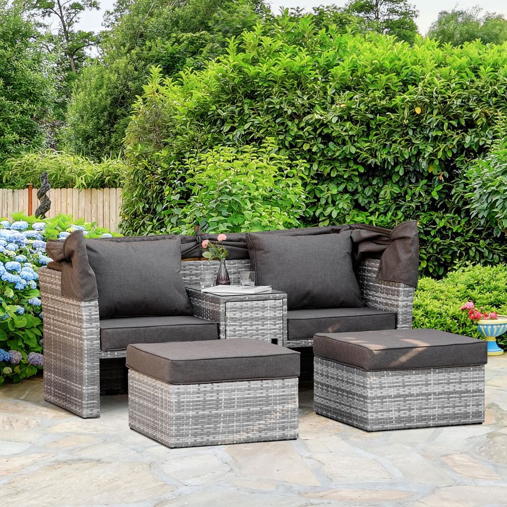 PE Rattan Daybed 2-Seater Sofa Footstool Tempered Glass Table