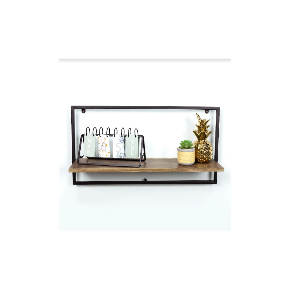 Sturdy Dark Oak Floating Wall Shelf - PARGI: Wide Design, Black Frame