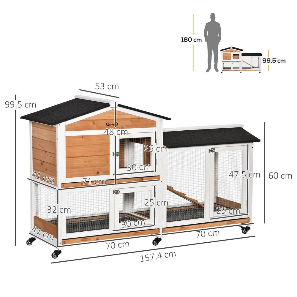 PawHut Rabbit Hutch Outdoor with Run Guinea Pig Hutch 2-Tier Bunny Cage w/Wheels No-Leak Plastic Tray 157.4 x 53 x 99.5 cm - Yellow