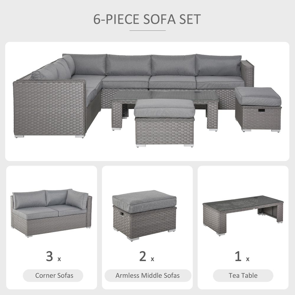 6 PCs PE Rattan Wicker Corner Sofa Set - Grey | Coffee Table & Footstool w/ Cushion | Outdoor Furniture for Garden & Patio