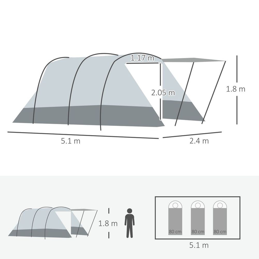Outsunny 6-8 Person Tunnel Tent, Two-room Camping, Carry Bag, Grey