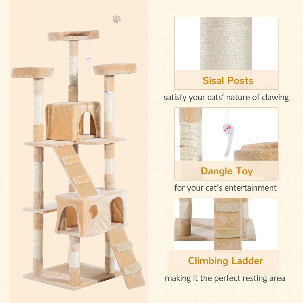 PawHut Cat Tree for Indoor Cats, 170cm Cat Tower Scratching Post Tall Climbing Tower, Activity Centre House - Cream