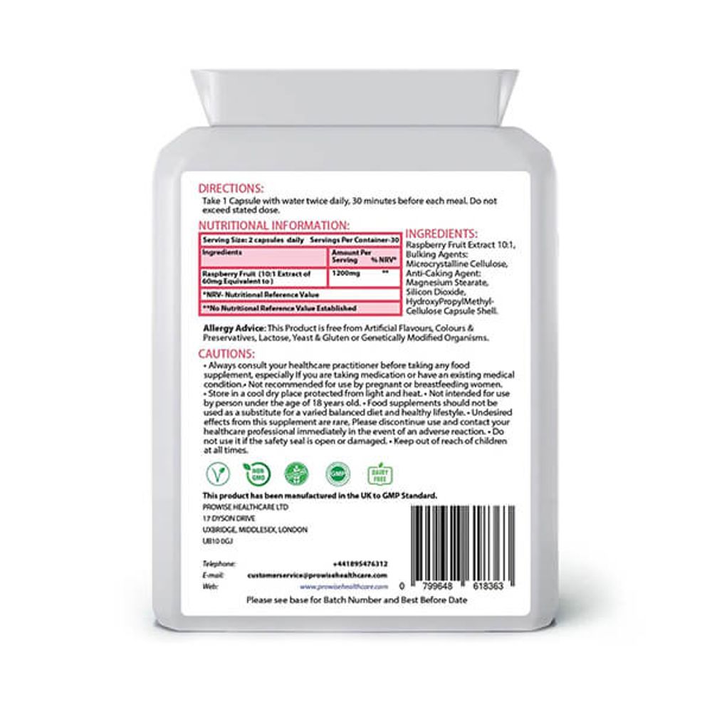 Super Strength Raspberry Fruit Extract 1200mg - GMP Standard | 60 Capsules x 3 Pack - Prowise Healthcare
