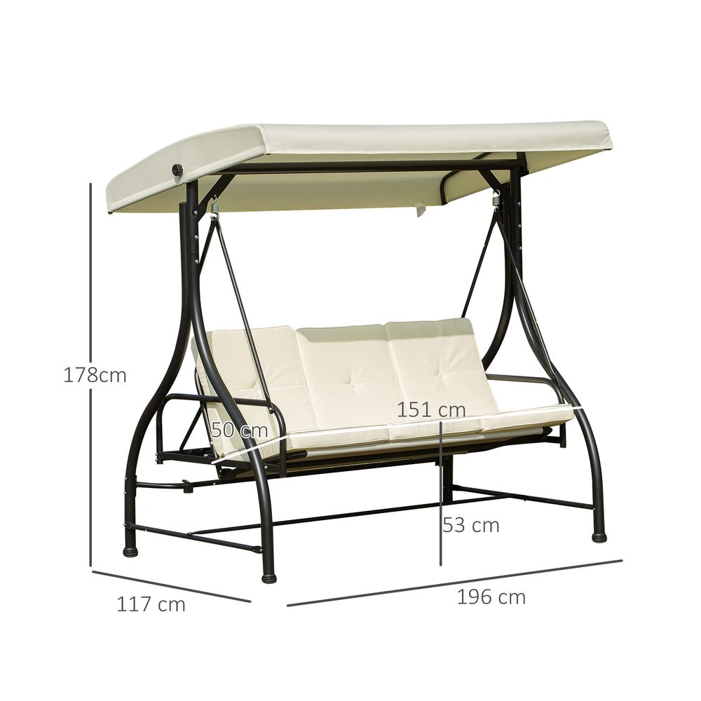 Outdoor Swing Chair - 185L*125D*173H cm - Beige/Black - Metal Frame - Canopy - Cushions - 3 Person Seating - High Load Capacity - Assembly Required