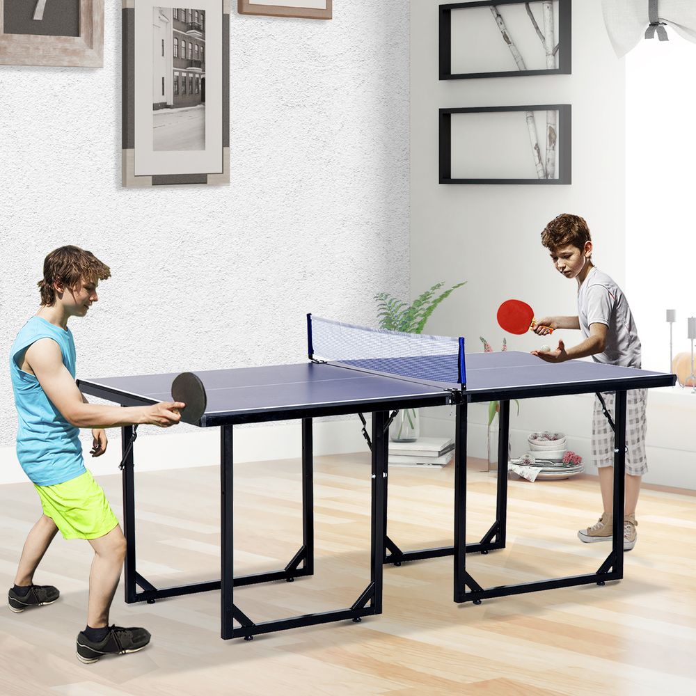 HOMCOM 6ft 182cm Mini Table Tennis Table Folding Ping Pong Table with Net Multi-Use Table for Indoor Outdoor Game, Blue