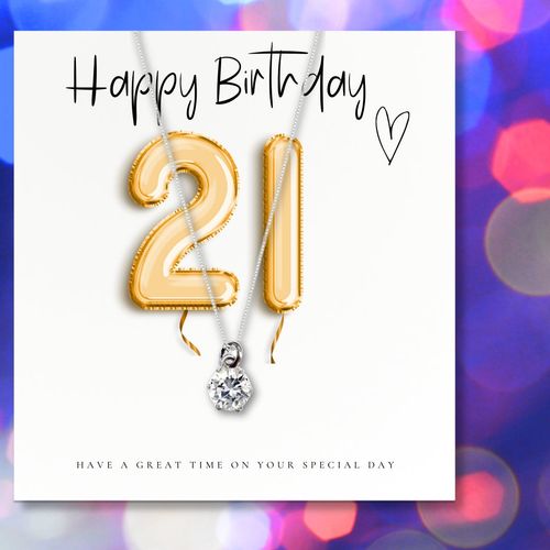 Small 21st Birthday Gold Balloons Gift Hamper - Cubic Zirconia Charm Necklace, Chocolates & Candle