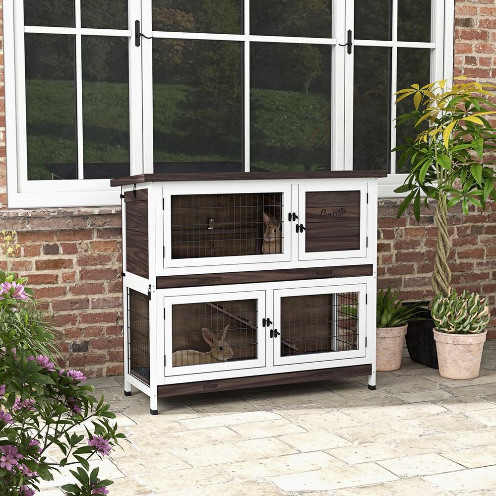 PawHut 2-Tier Rabbit Hutch | Sliding Trays | Ramp | Openable Asphalt Roof