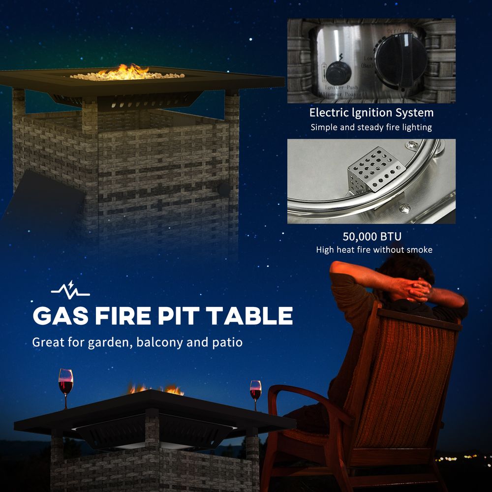 Outsunny 50,000 BTU Rattan Fire Pit Table - Grey, Garden Propane Pit - Electric Ignition, Adjustable Heat