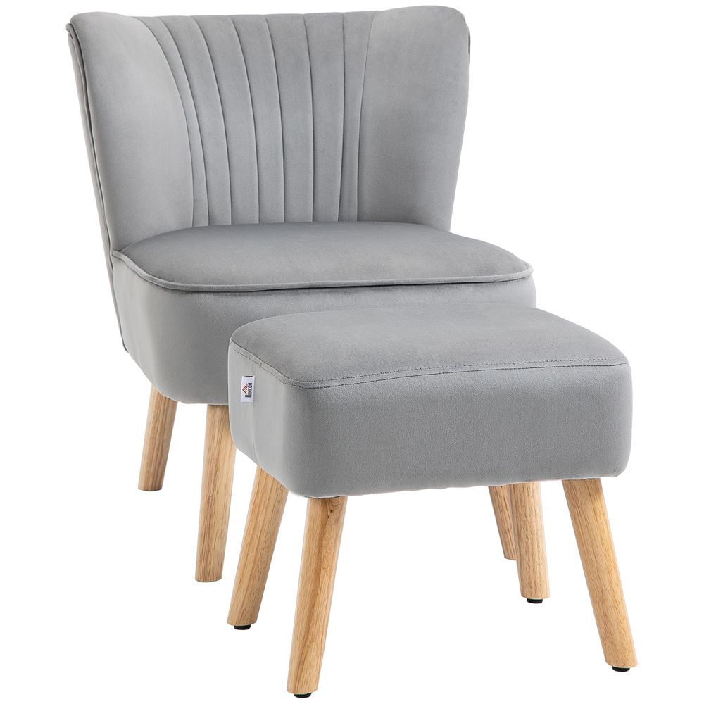 Luxury Velvet Accent Chair w/ Ottoman - Plush Padding, Wood Legs - Light Grey
