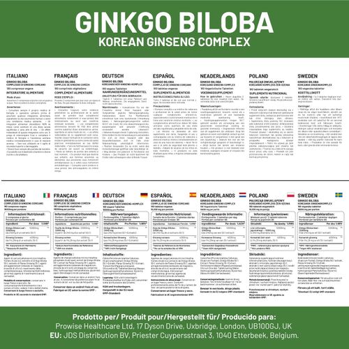 Ginkgo Biloba and Korean Ginseng Tablets 8000mg 180 Vegan Tablets | Ginkgo 6000mg & Korean Ginseng Root 2000mg Supports Cognitive Function & Mental Performance | UK Manufactured by Prowise Healthcare