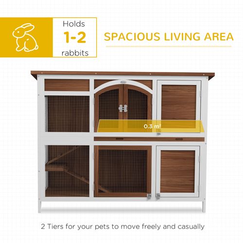PawHut Two-Tier Wooden Rabbit Hutch w/ Openable Roof, Slide-Out Tray, Ramp