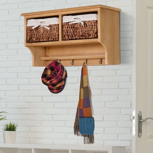 HOMCOM Entryway Coat Rack Wall Mounted Shelf Hooks 2 Baskets Brown