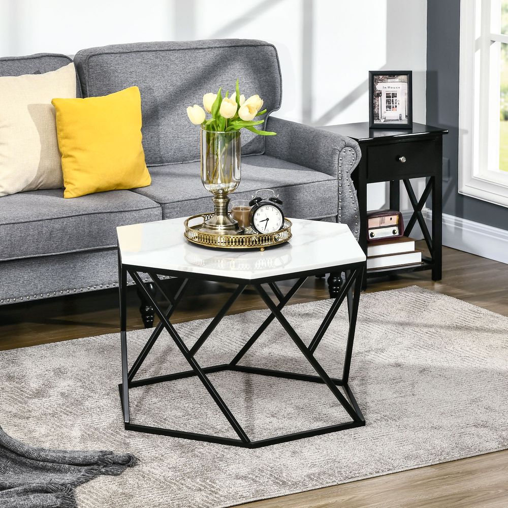 HOMCOM Hexagonal Coffee Table with High Gloss Marble Effect Table Top, Modern Cocktail Table with Steel Frame for Living Room, White