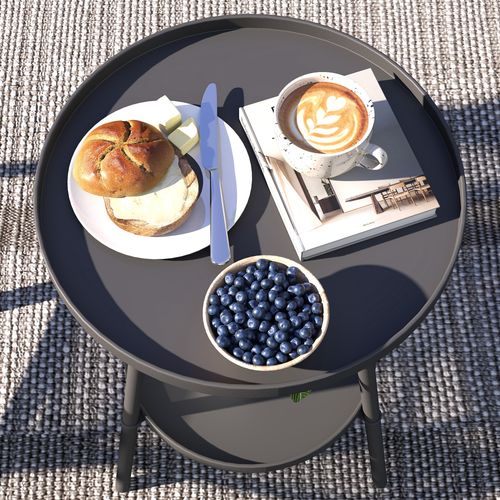 Outsunny Round Garden Table, 2-Tier Metal Patio Table Coffee Table, Black