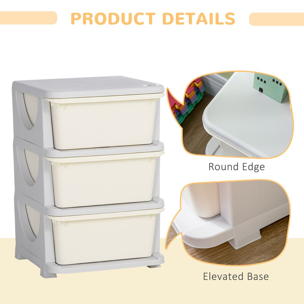 HOMCOM Kids Storage Units with 3 Drawers 3 Tier Chest Vertical Dresser Tower Toy Organizer for Nursery Playroom Kindergarten Cream