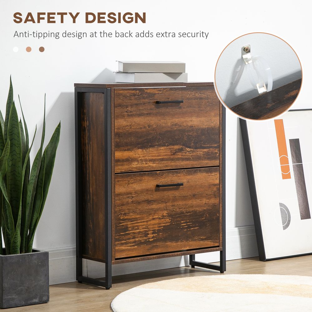 HOMCOM Rustic Brown Shoe Cabinet - 2 Flip Door, Divider, Entryway