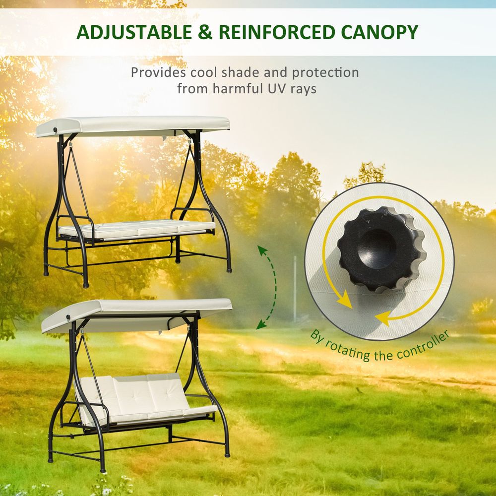 Outdoor Swing Chair - 185L*125D*173H cm - Beige/Black - Metal Frame - Canopy - Cushions - 3 Person Seating - High Load Capacity - Assembly Required