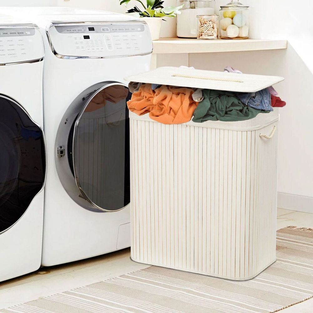Ultimate Organizer - Rectangular Bamboo Laundry Basket, White, Divider