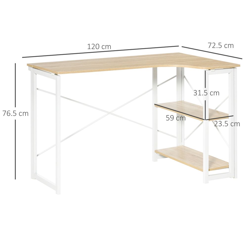 HOMCOM Folding Desk, L Shaped Desk, Corner Computer Desk with 2-Tier Storage Shelf for Home Office, Study Room, Workstation, Easy Assembly, 120 x 72.5 x 76.5cm, Oak Tone
