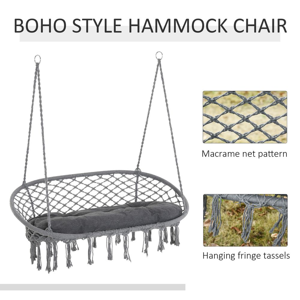 Hanging Hammock Chair - Cotton Rope Swing & Metal Frame - Large Macrame - Dark Grey
