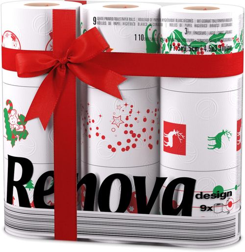 Renova Luxury Christmas Rolls - 9 Toilet Paper & 2 Kitchen XXL Rolls w/ 80 Sheet