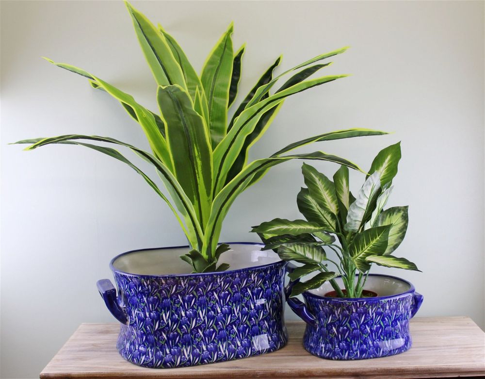 Vintage Ceramic Footbath Planters: Blue & Green Crocus Design, Set of 2