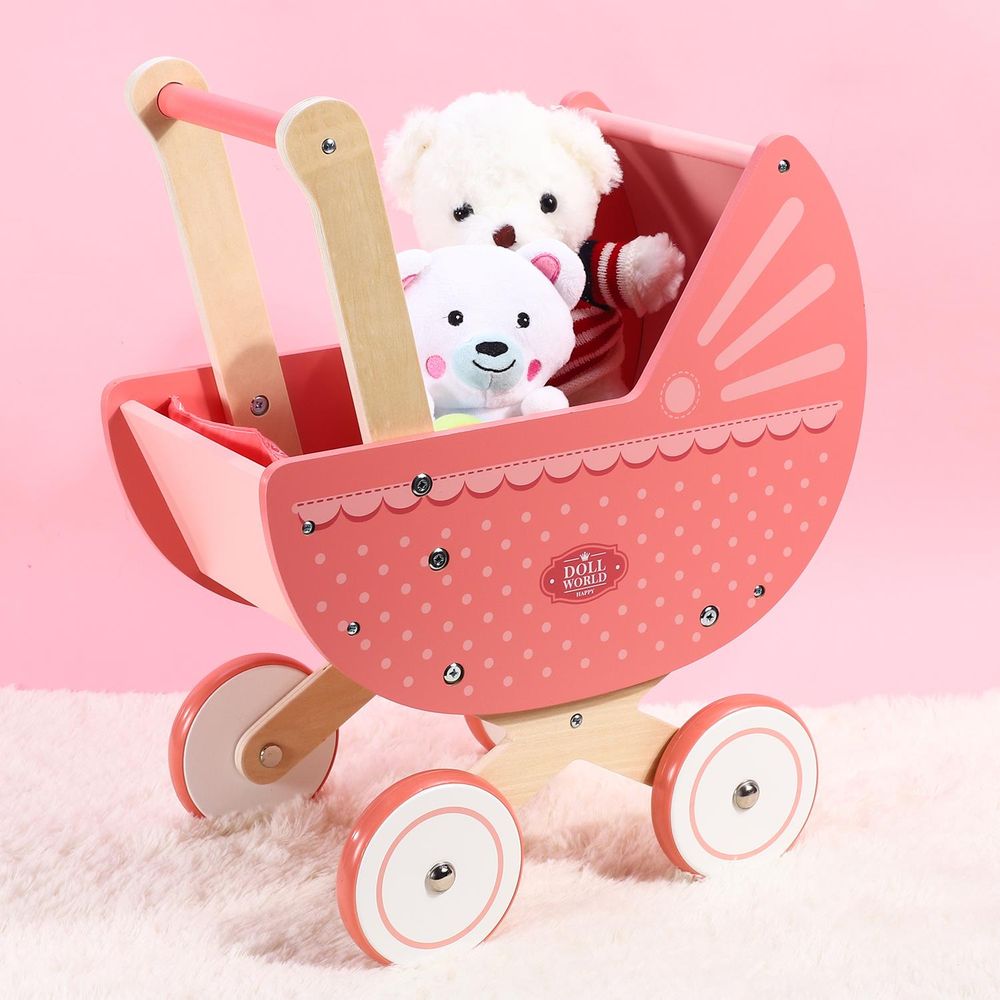SOKA Doll World-Pram 0000470 - Aesthetic Pink Pram with Lace Trim & Polka Dots - High-End Design - Certified Quality