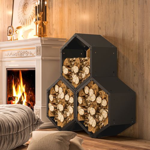 Outsunny Steel Firewood Log Rack Fireplace Log Holder for Indoor Outdoor
