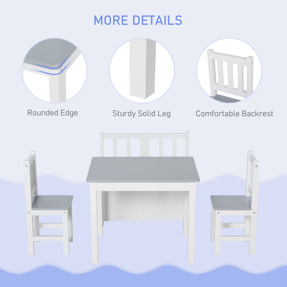 HOMCOM 4-Piece Kids Table and Chair Set with 2 Wooden Chairs, 1 Storage Bench, and Interesting Modern Design, Grey/White