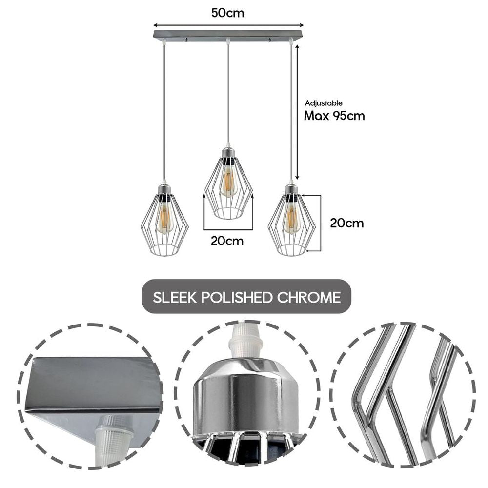 Easy Fit Chrome Retro Vintage Ceiling Lamp - Loft Style, 3 Head, E27 Base