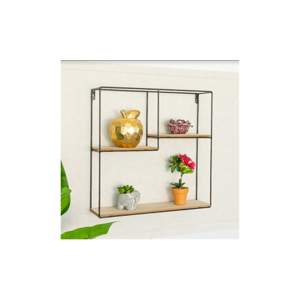 SHLEDECOR Square Black Wall Unit with Shelves Metal and Wood Multi Section