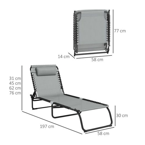 Outsunny Folding Beach Chair Chaise Lounge 4 Adjustable Positions, Light Grey