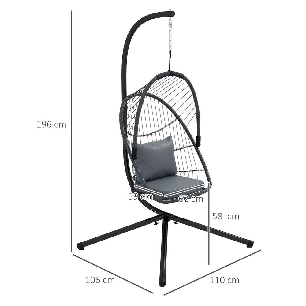Hanging Swing Chair w/ Cushion, Patio Chair, Grey - Strong Steel Frame, Foldable Seat, Outdoor/Indoor Use - 150kg Capacity