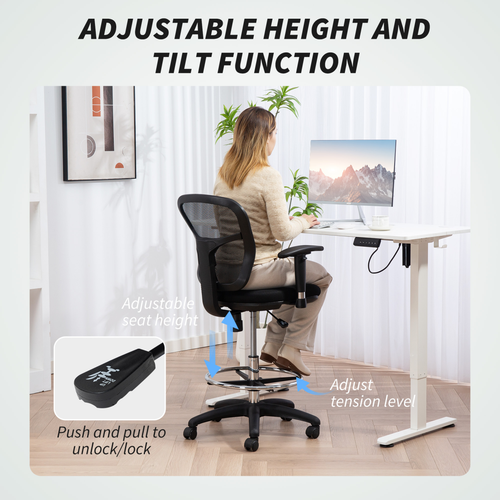 HOMCOM Drafting Stool Chair with Adjustable Armrest for Standing Desk, Black