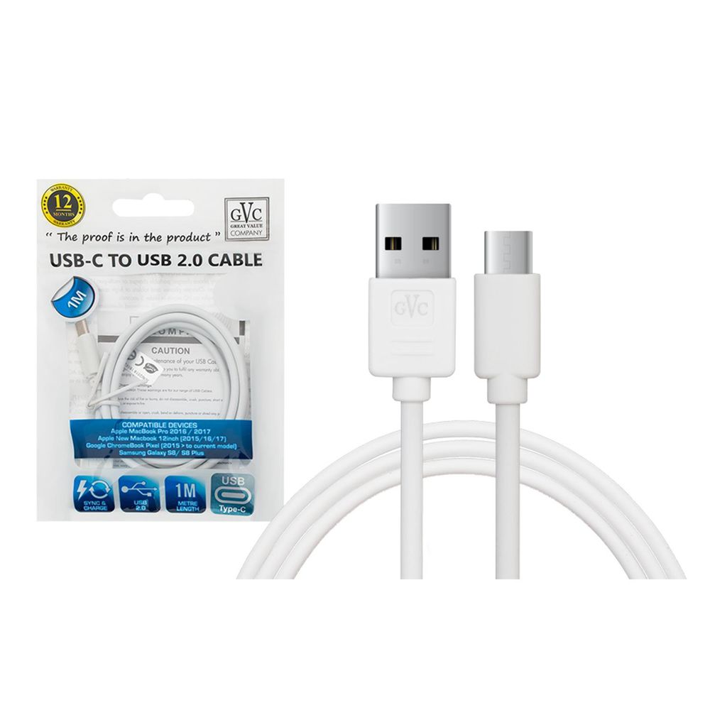 GVC USB to Type C Data Cable for Syncing & Charging, 1 Metre - White