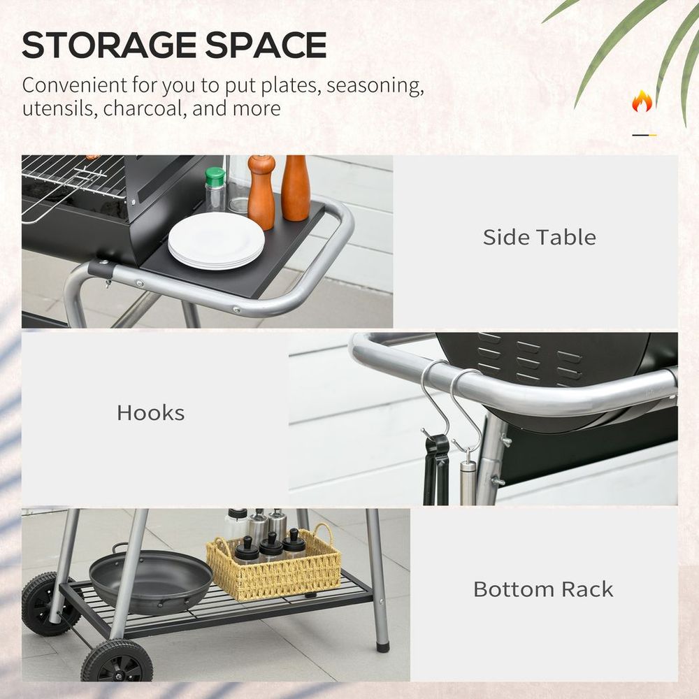 Outsunny Charcoal BBQ Grill - Double Grill, Table, Storage Shelf & Wheels - High-Quality Steel