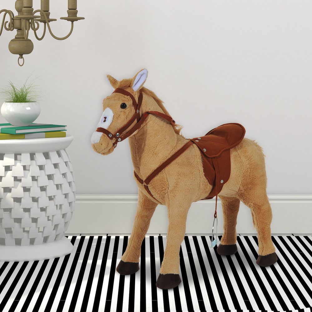 HOMCOM Kids Ride On Standing Horse Cuddly Toy Children Plush Soft Pony Gift w/Neigh Sound or 3 Years and Up Beige