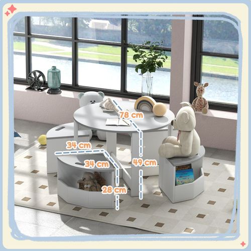 AIYAPLAY 5-Piece Kids Table and Chairs Set w/ Storage for 3-8 Years Old-Grey