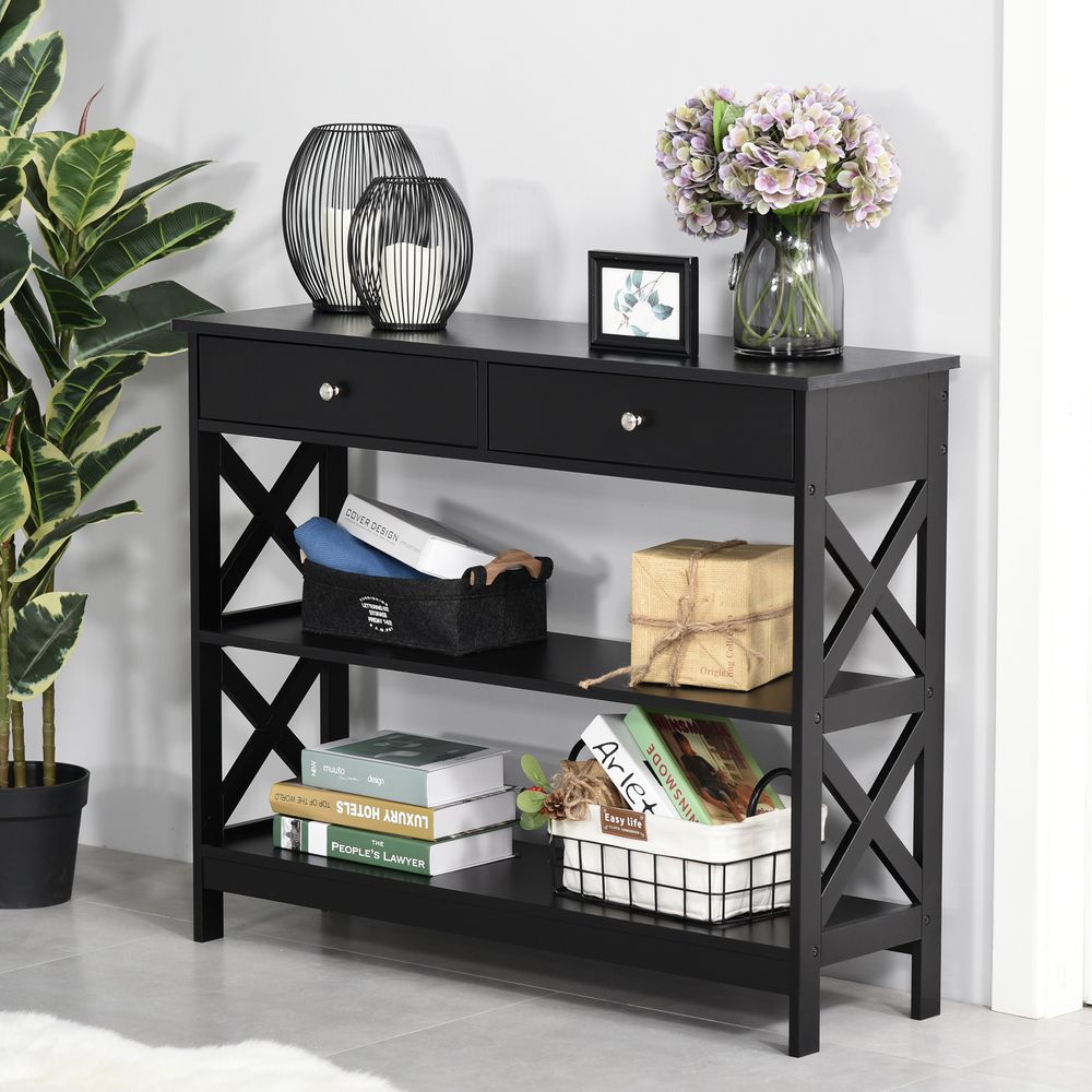 HOMCOM Console Table Side Desk w/Shelves Drawers Open Top X Support Frame Living Room Hallway Home Office Furniture Black