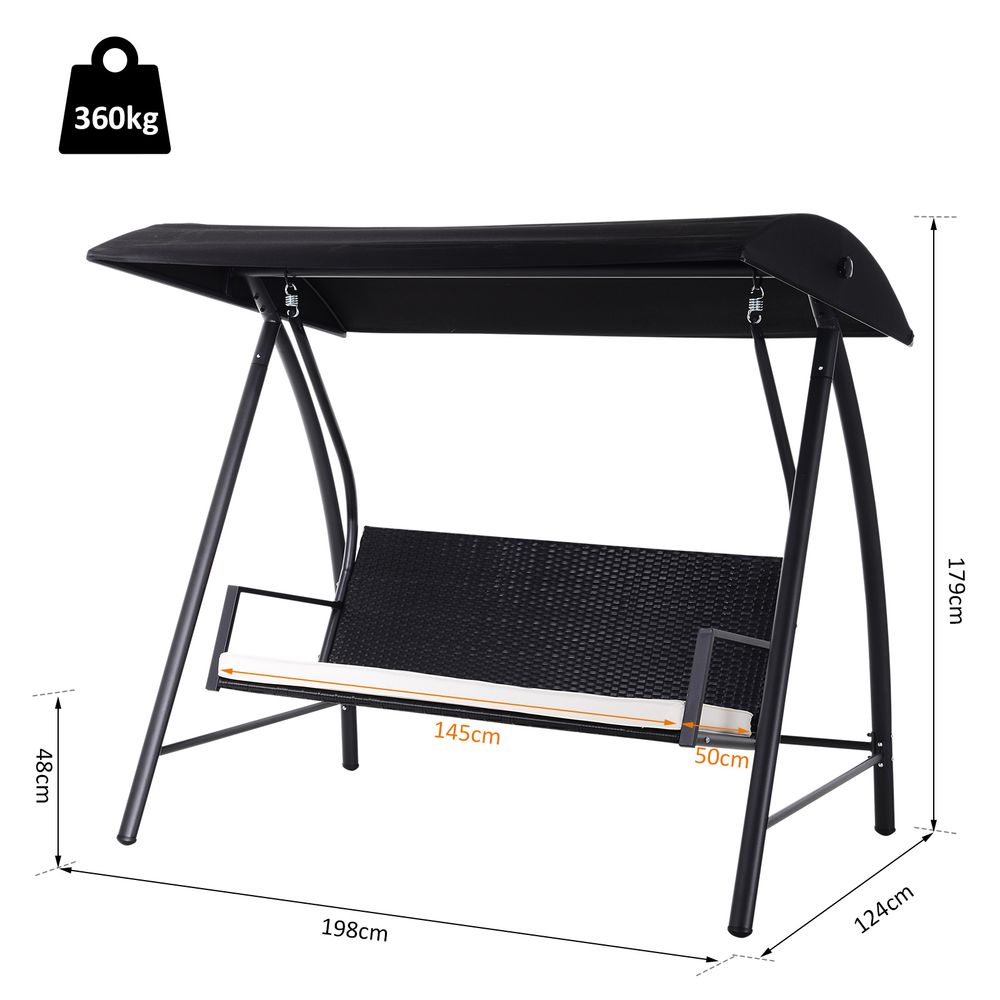 Luxury 3-Seater Rattan Garden Swing Chair in Black - Weatherproof, UV Resistant, Adjustable Sunroof - High Quality & Easy Assembly