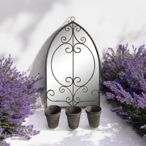 73CM RUSTY WALL MIRROR WITH TRIPLE PLANTER