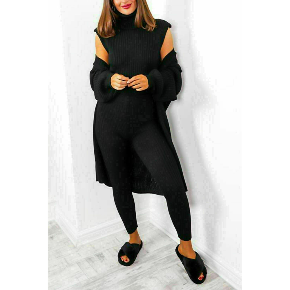 Ladies 3 Piece Suit Roll Neck Chunky Knitted Ribbed Tracksuit Lounge Set