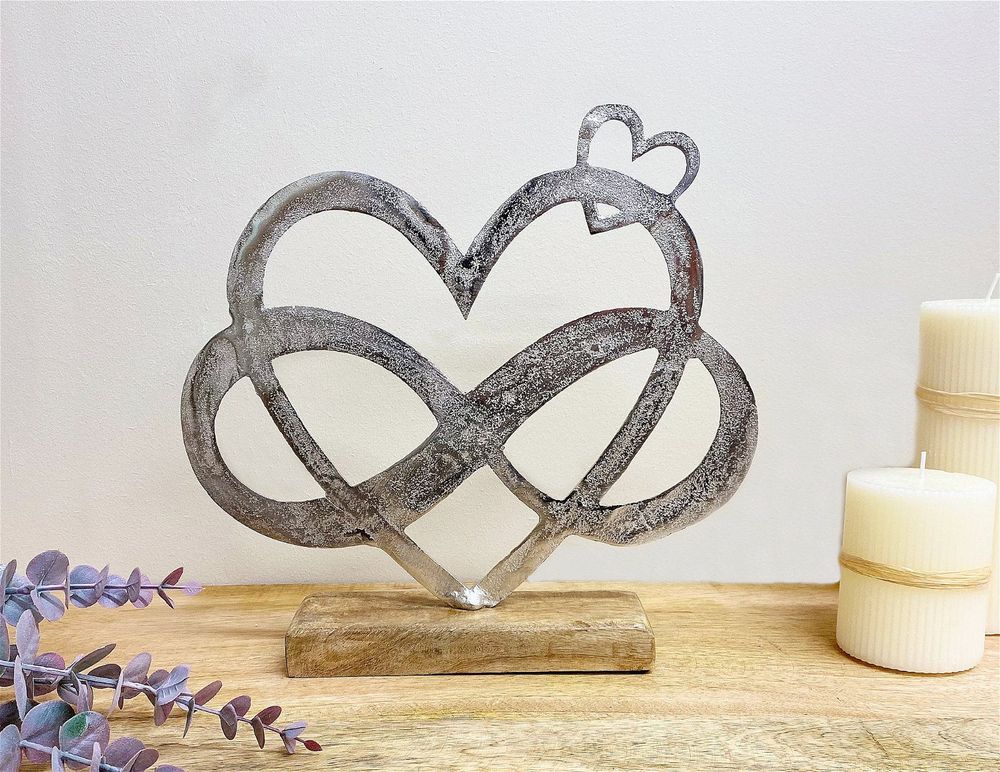Stylish Metal Silver Entwined Hearts On Wooden Base - Large