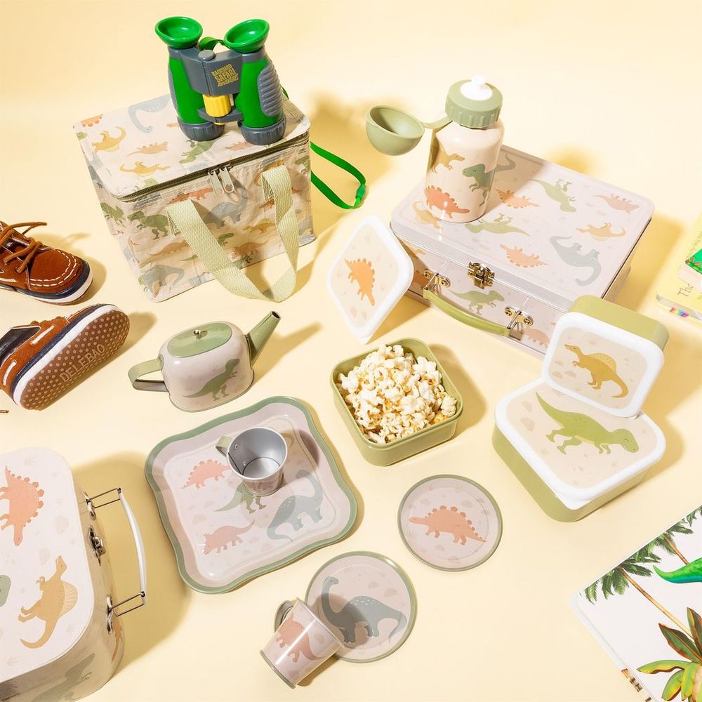 Dinosaur Tea Set for Kids - Tray, Teapot, Plates, Teacups - Tin, Earthy Greens - Not for Hot/Cold Drinks - Ages 3+ - D17.5xH9.5xW17cm