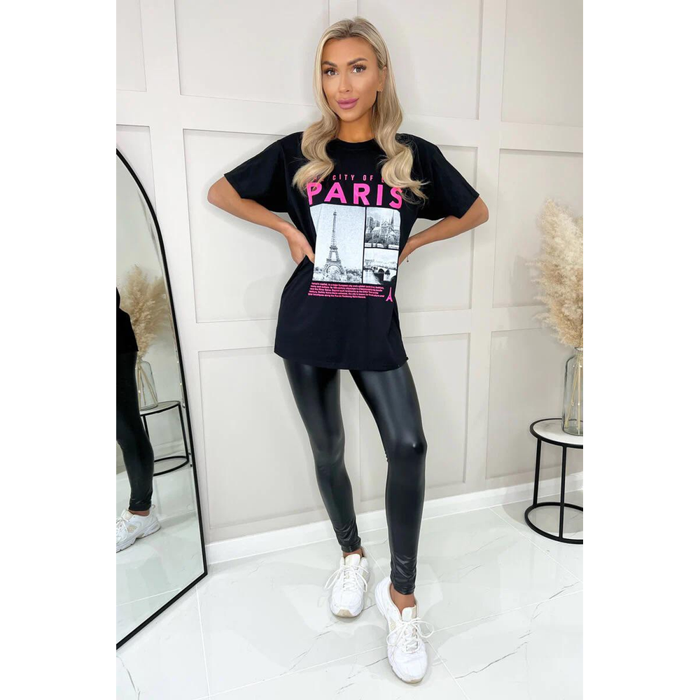 Ladies Oversized Paris Slogan Short Sleeves T Shirt Top