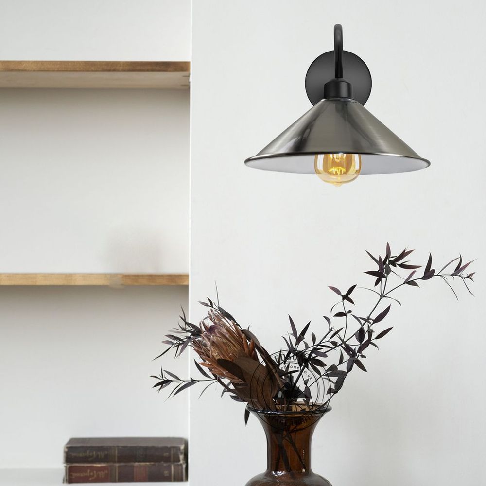 Satin Nickel Wall Light Fixture,Black Wall Sconce E27 Base Socket Screw Type Wall Mounted Swan Neck Cone Shape Shade